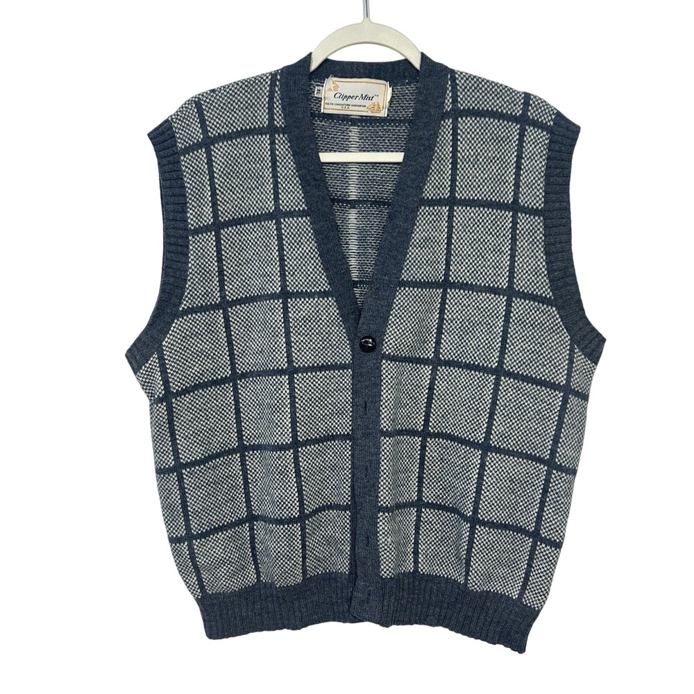 Clipper Mist 80s Sweater Vest XL Navy White Windowpane Preppy Academia USA